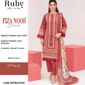 Fiza Noor Ruby Vol A Design 01 – 3 Piece Digital Printed Lawn Suit in Red
